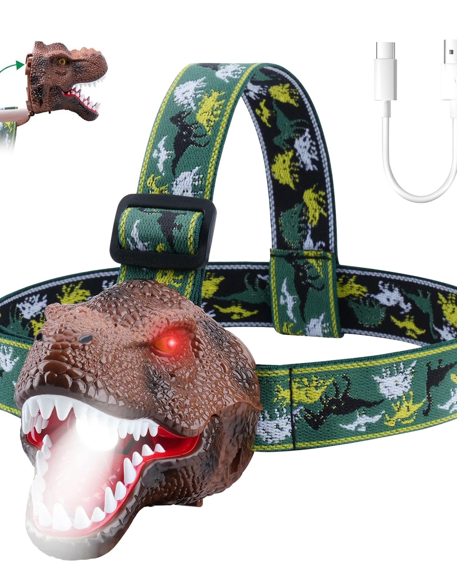 Dinosaur Headlamp Kids Headlight Dinosaur Flashlight with Realistic Roar Sound 4 Modes Adjustable Headband Kid Camping Gear Unique Gifts for Boys