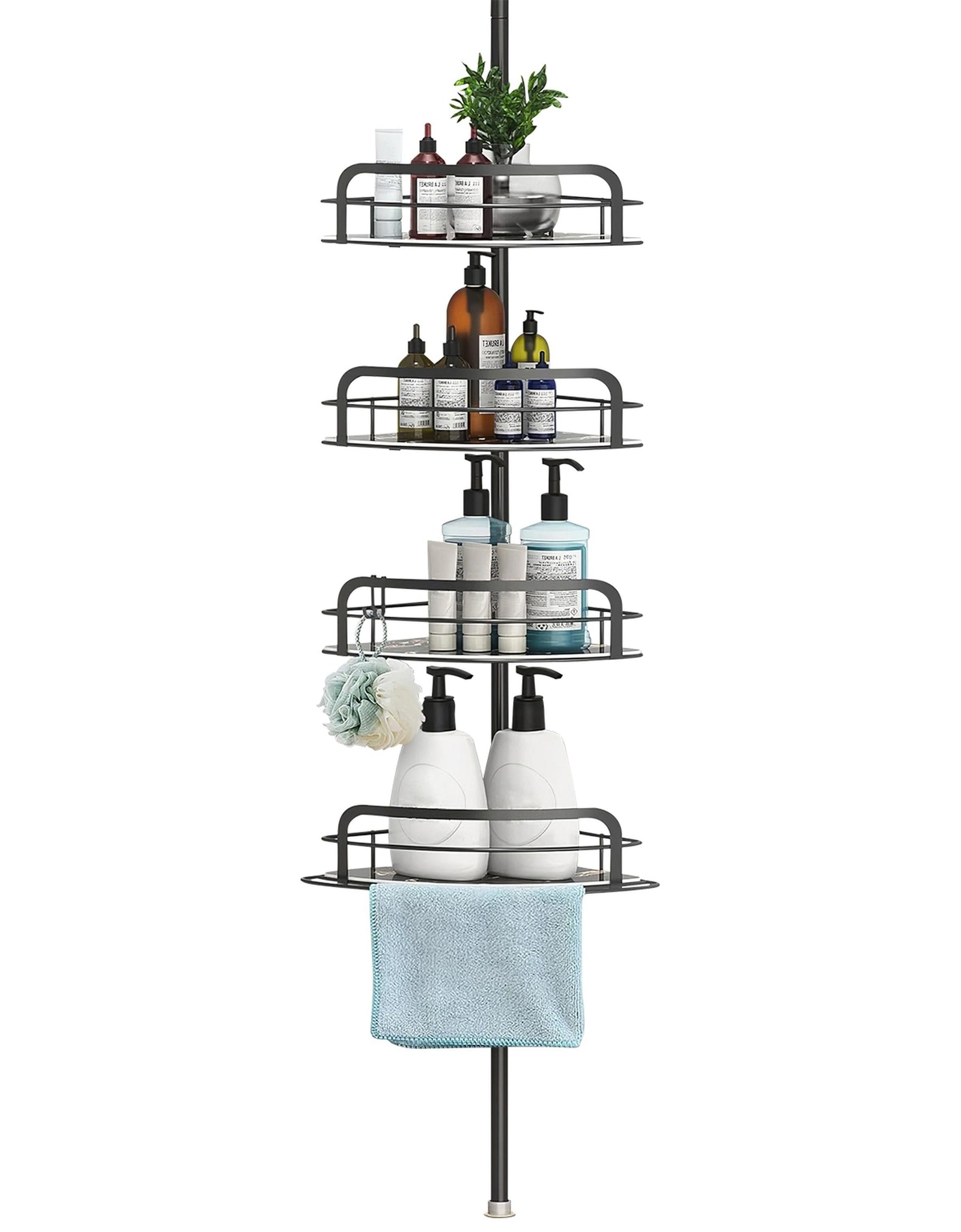 Rust-Resistant Corner Shower Caddy For Bathroom 4 Height Adjustable Shelves With Tension Pole Towel Bar Hanging Hook Floor Standing Bath Storage Rack