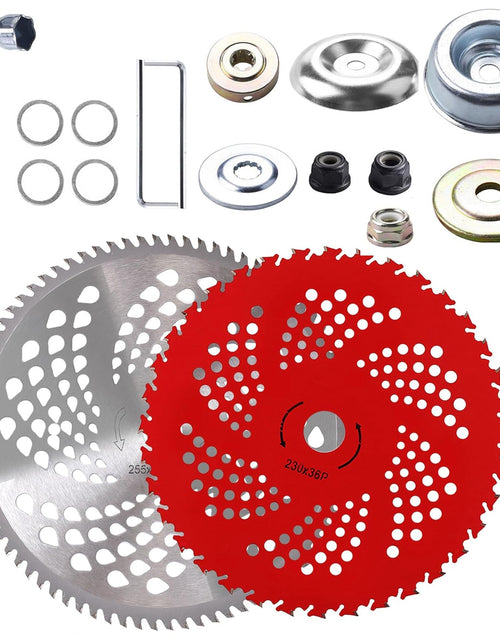 Load image into Gallery viewer, 10" x 80T 9" x 36T Carbide Tip Brush Cutter Blades with Universal Adapter Kit Alloy Steel Blades Compatible with Brush Cutter Trimmer Weed Eater
