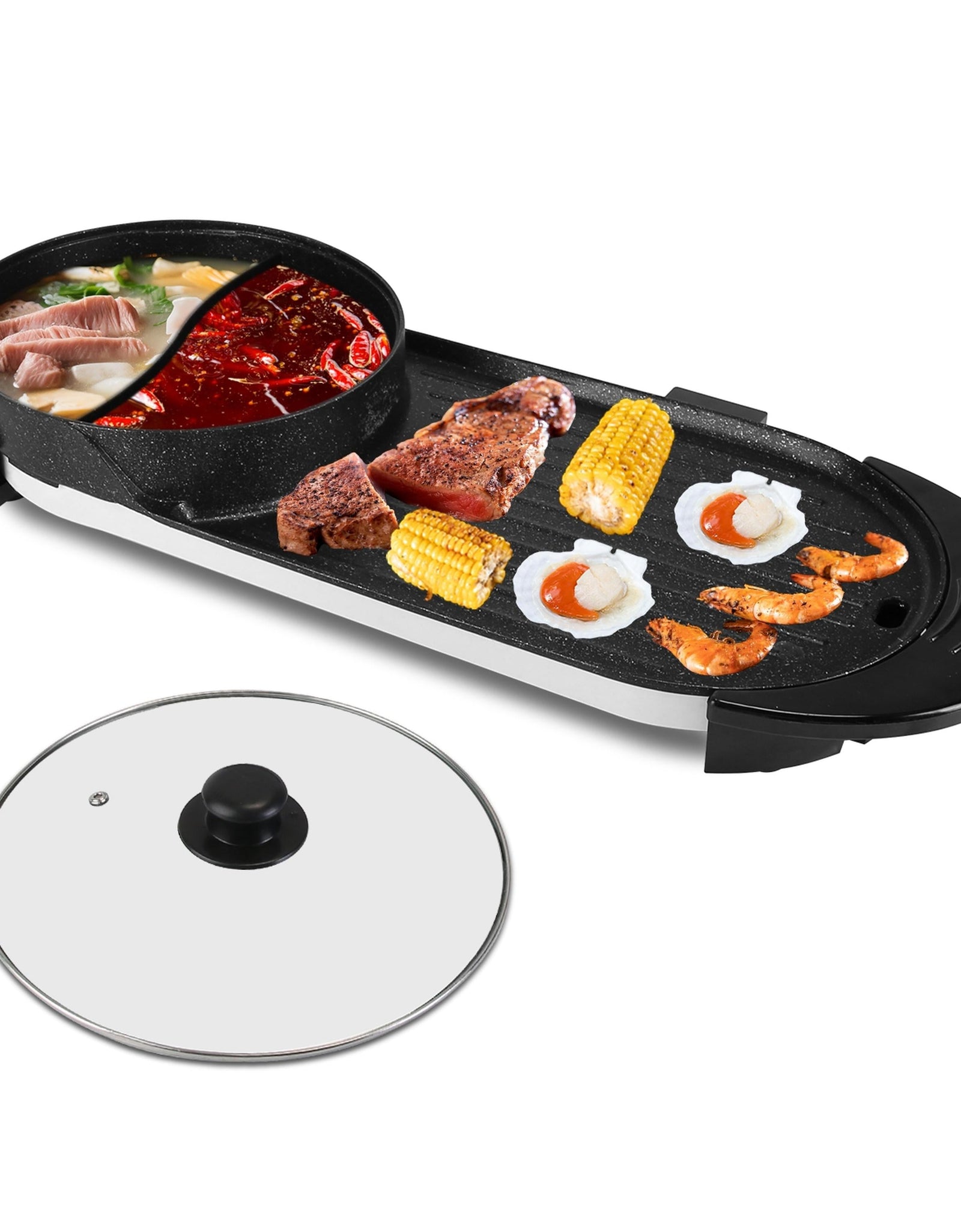 2 in 1 Electric Hot Pot with BBQ Grill Cooker 2200W Smokeless Non-Stick Korean BBQ Grill Shabu Shabu Hot Pot with Independent Temperature Control 5 Ge