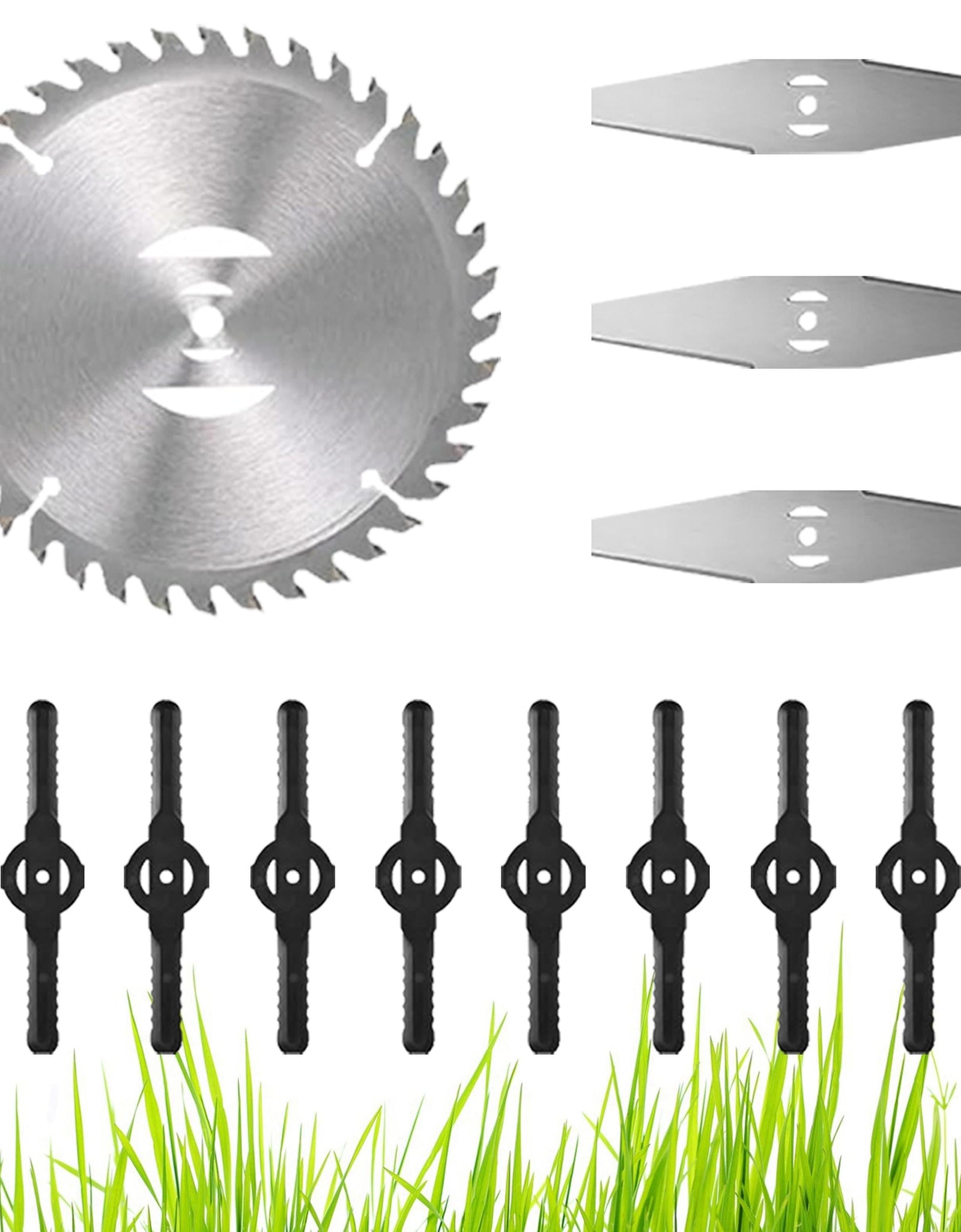 14Pcs Grass Trimmer Blades Accessories Weed Cutter Attachments 10Pcs 5.35In Plastic Blades 3Pcs 6In Stainless Steel Blades 1Pc 4In/6In Alloy Saw Blade