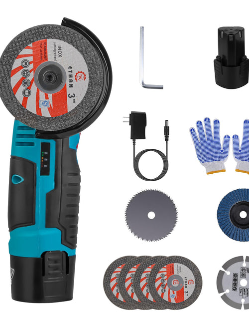 Load image into Gallery viewer, 12V Cordless Mini Angle Grinder Hand Polishing Grinding Machine Cordless Cutter Grinding Tool with 7Pcs Disc 2Pcs 1100mAh Batteries and Charger Hex Ke
