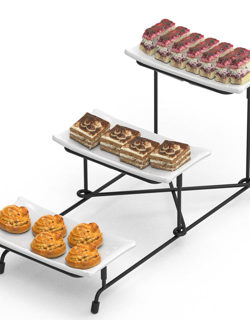 Load image into Gallery viewer, 3-Tier Plastic Serving Tray Dessert Server Display Serving Stand Dinnerware with 3 Rectangular Plastic Serving Platters Metal Stand for Entertaining F
