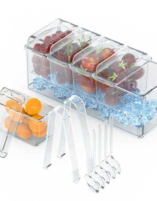 Load image into Gallery viewer, Ice Chilled Condiment Caddy Serving Tray Container Bar Garnish Holder Salad Platter Server Food Storage with 5 Removable Containers 5 Lids 2 Tongs 5 S
