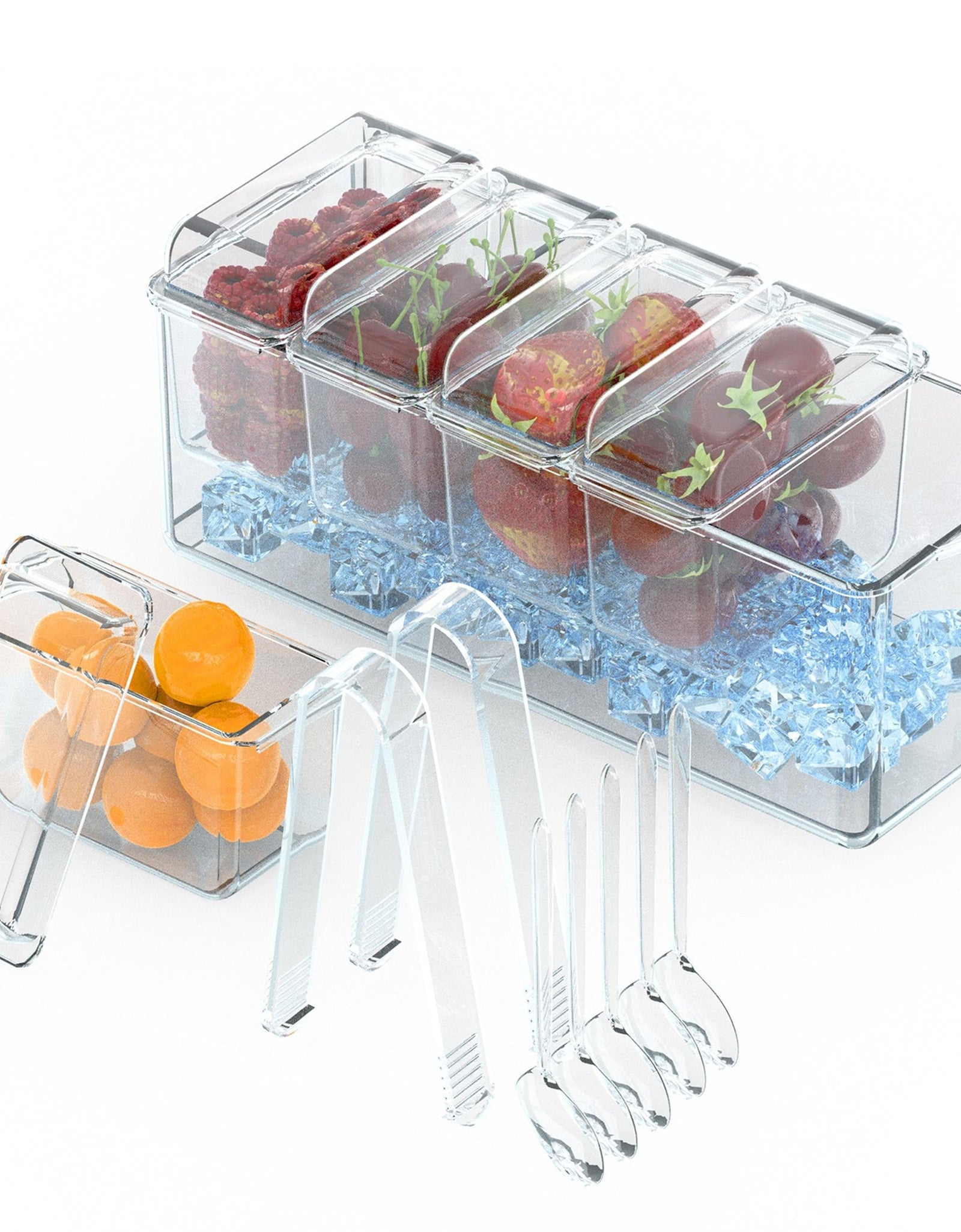 Ice Chilled Condiment Caddy Serving Tray Container Bar Garnish Holder Salad Platter Server Food Storage with 5 Removable Containers 5 Lids 2 Tongs 5 S