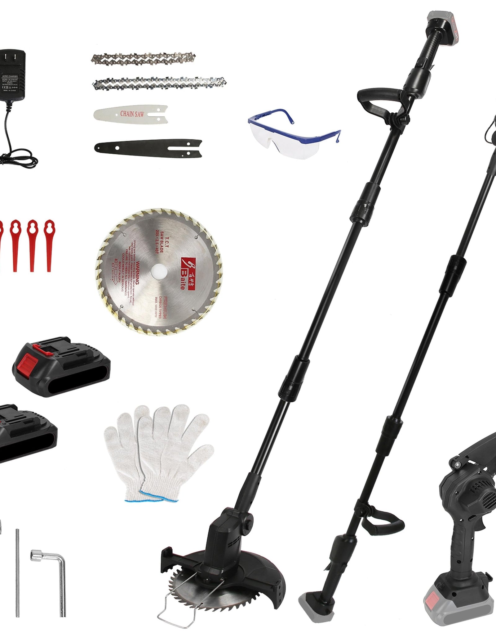 3-in-1 Cordless Electric Pole Saw, Mini Chainsaw & Grass Trimmer Kit, 2x21V Batteries