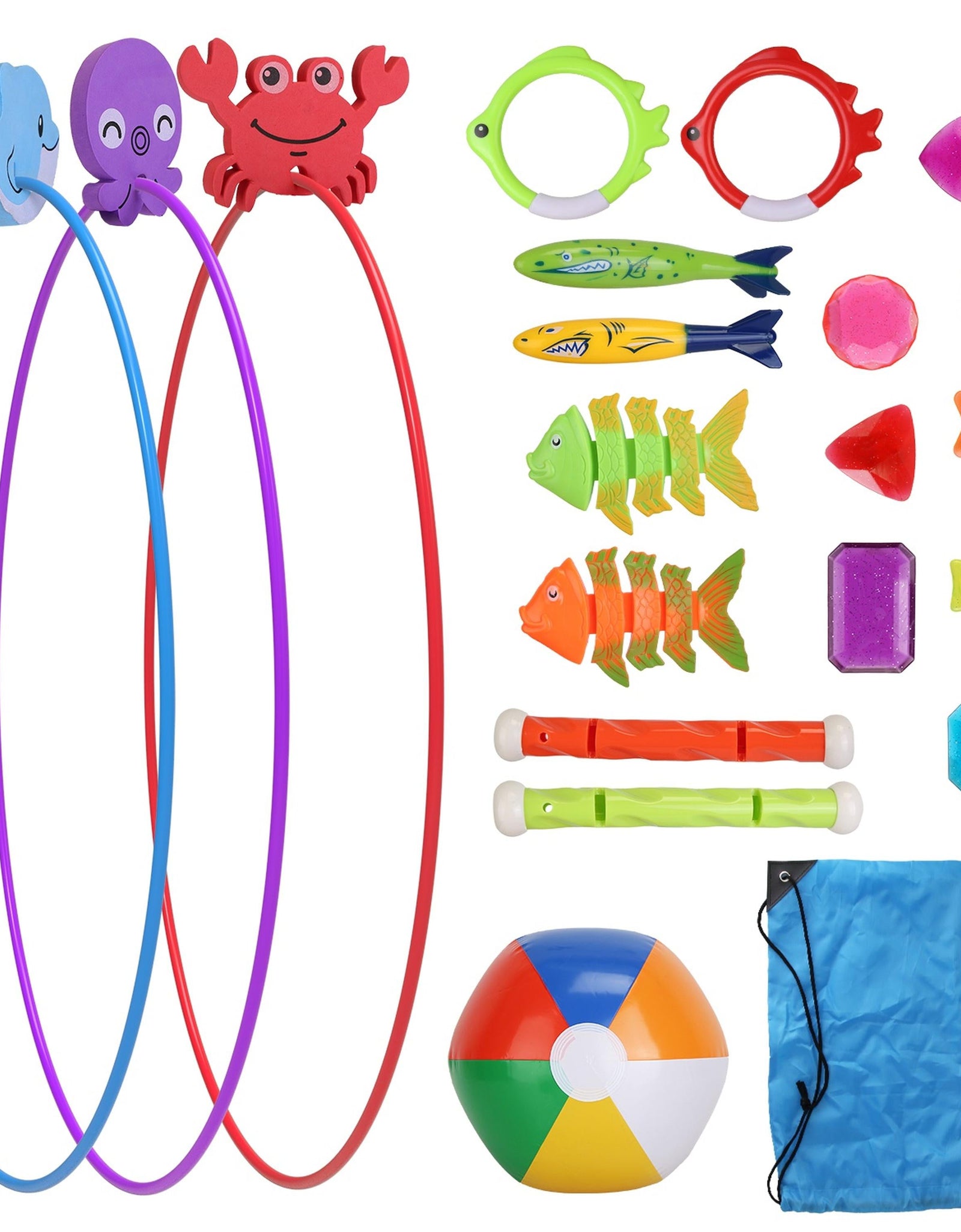 24Pcs Diving Toys, Pool Toys for Kids, Swim Thru Rings, Torpedoes, Gems