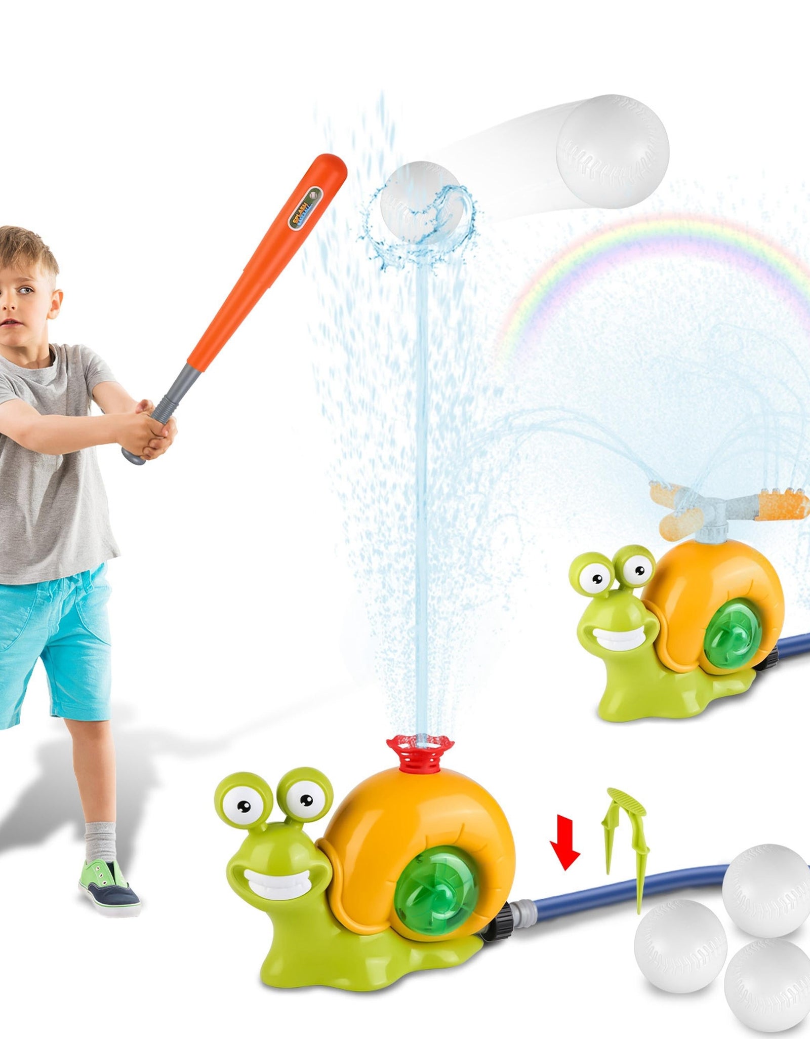 2-in-1 Snail Water Sprinkler Baseball Toy, 360� Rotating Spray for Summer
