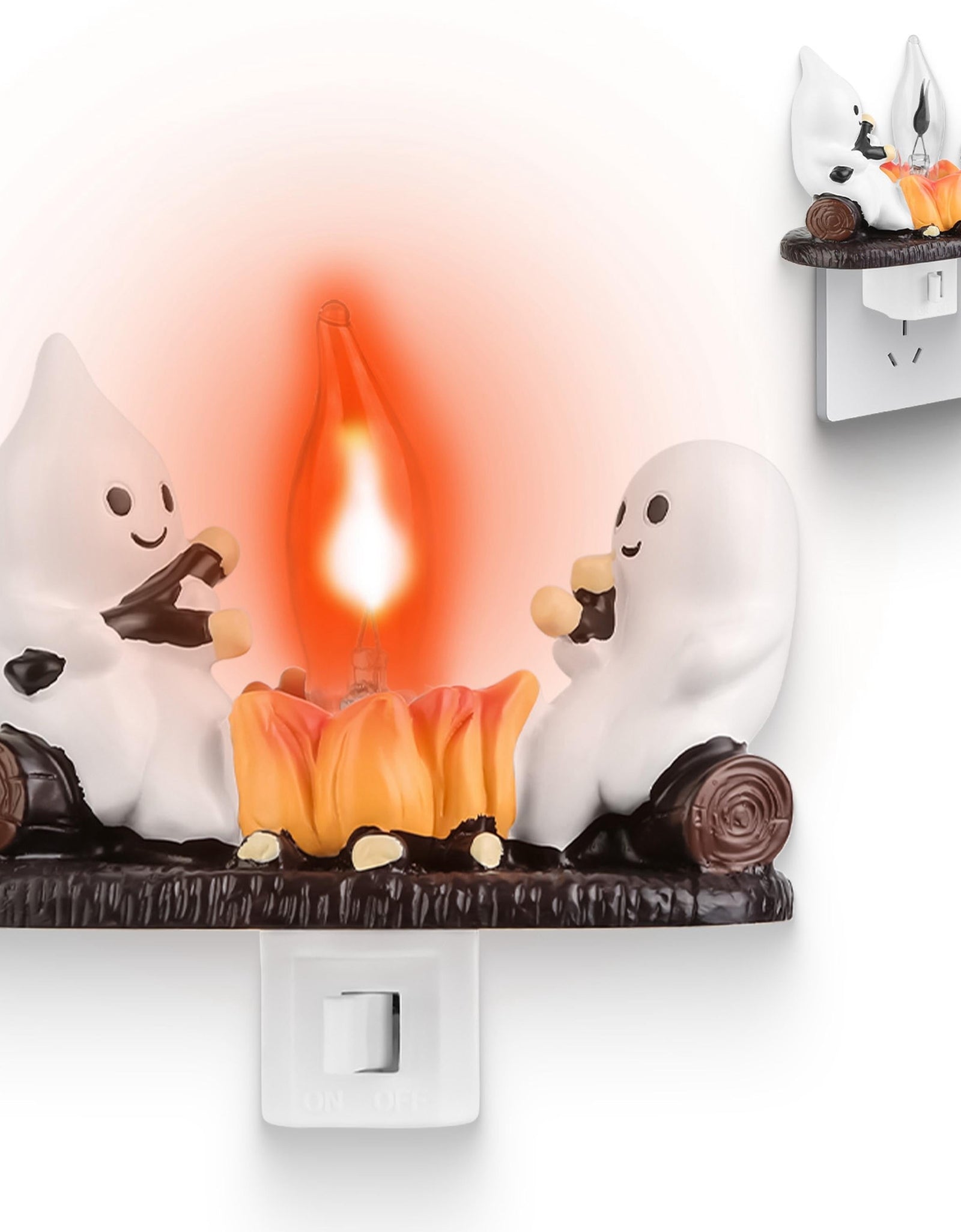 2Pcs Ghost Campfire Flickering Flame Night Light, 3D Halloween Nightlight for Bedroom