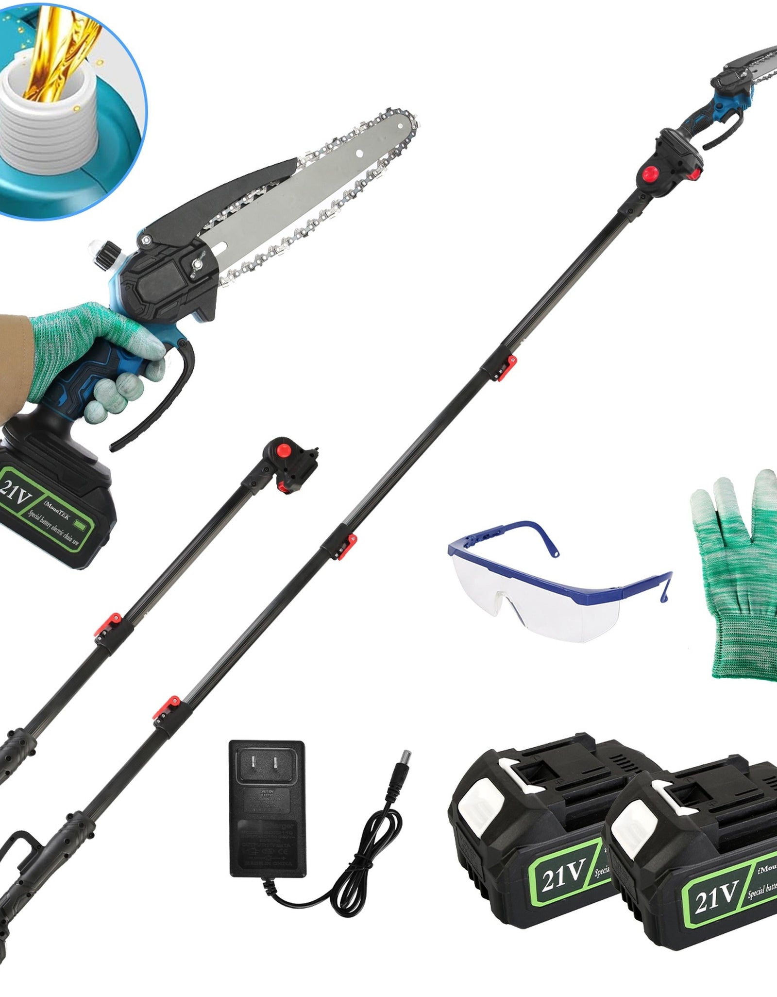 2-in-1 8� Cordless Pole Saw & Mini Chainsaw w/ 2�21V Batteries & Extender