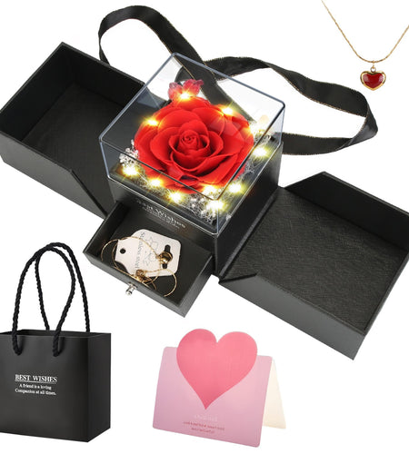 Preserved Red Rose with Heart Necklace, Gift for Women & Mom