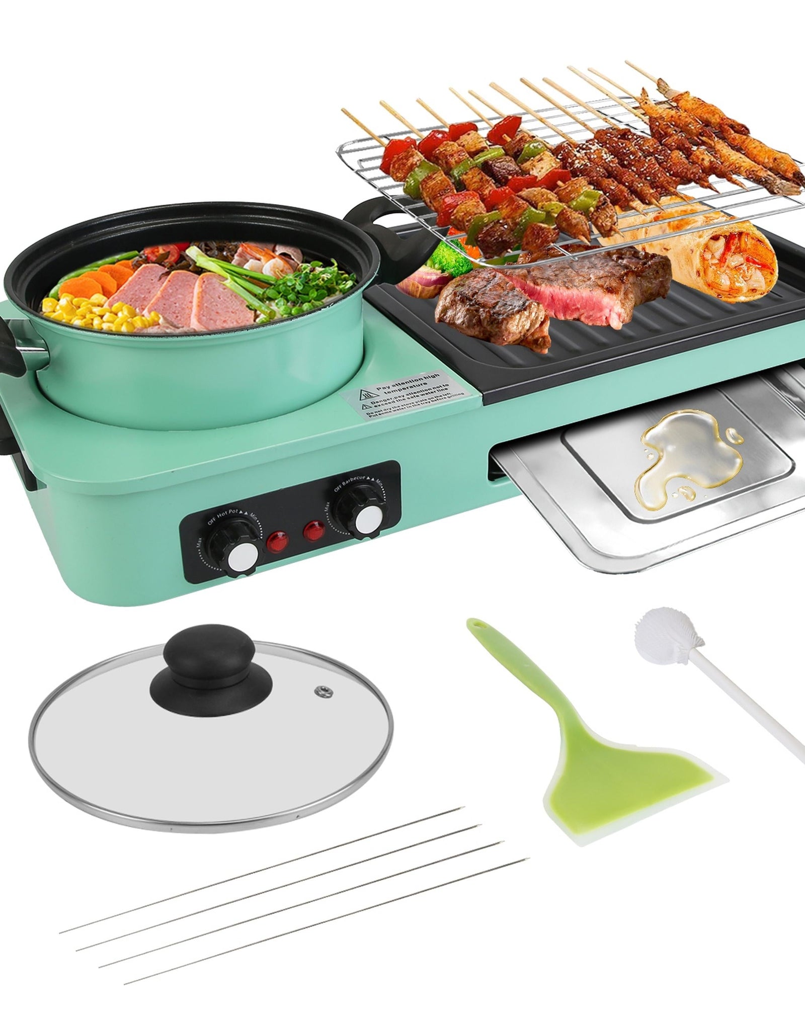 3-in-1 Electric Hot Pot Grill Combo 1600W Korean BBQ Shabu w/ Temp Control