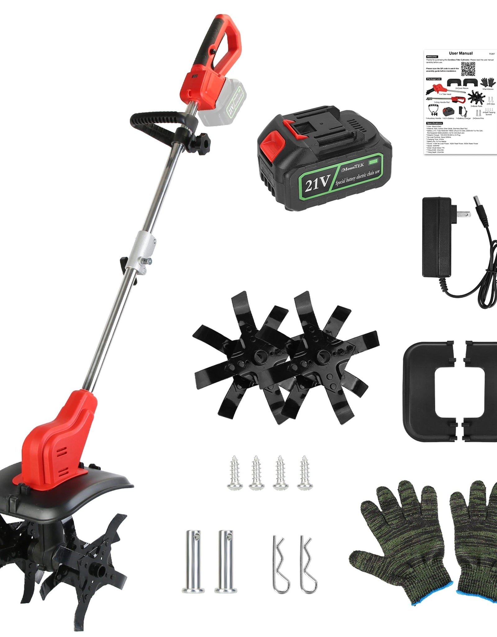 21V Cordless Electric Tiller Cultivator 4 Blades 550W 300RPM Battery Powered