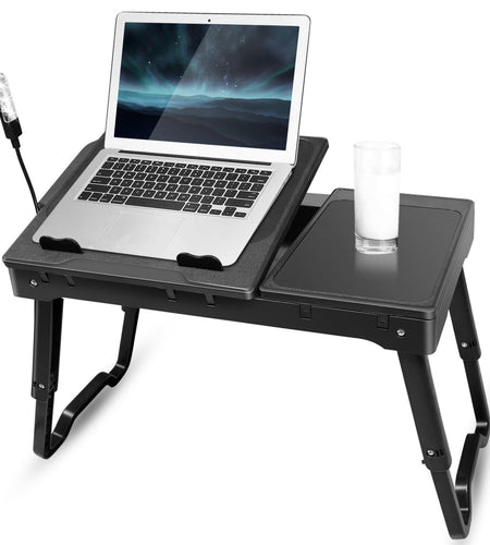Foldable Laptop Table Bed Desk w/Cooling Fan Mouse Board LED 4 USB Ports Snacking Tray with Storage for Home Office