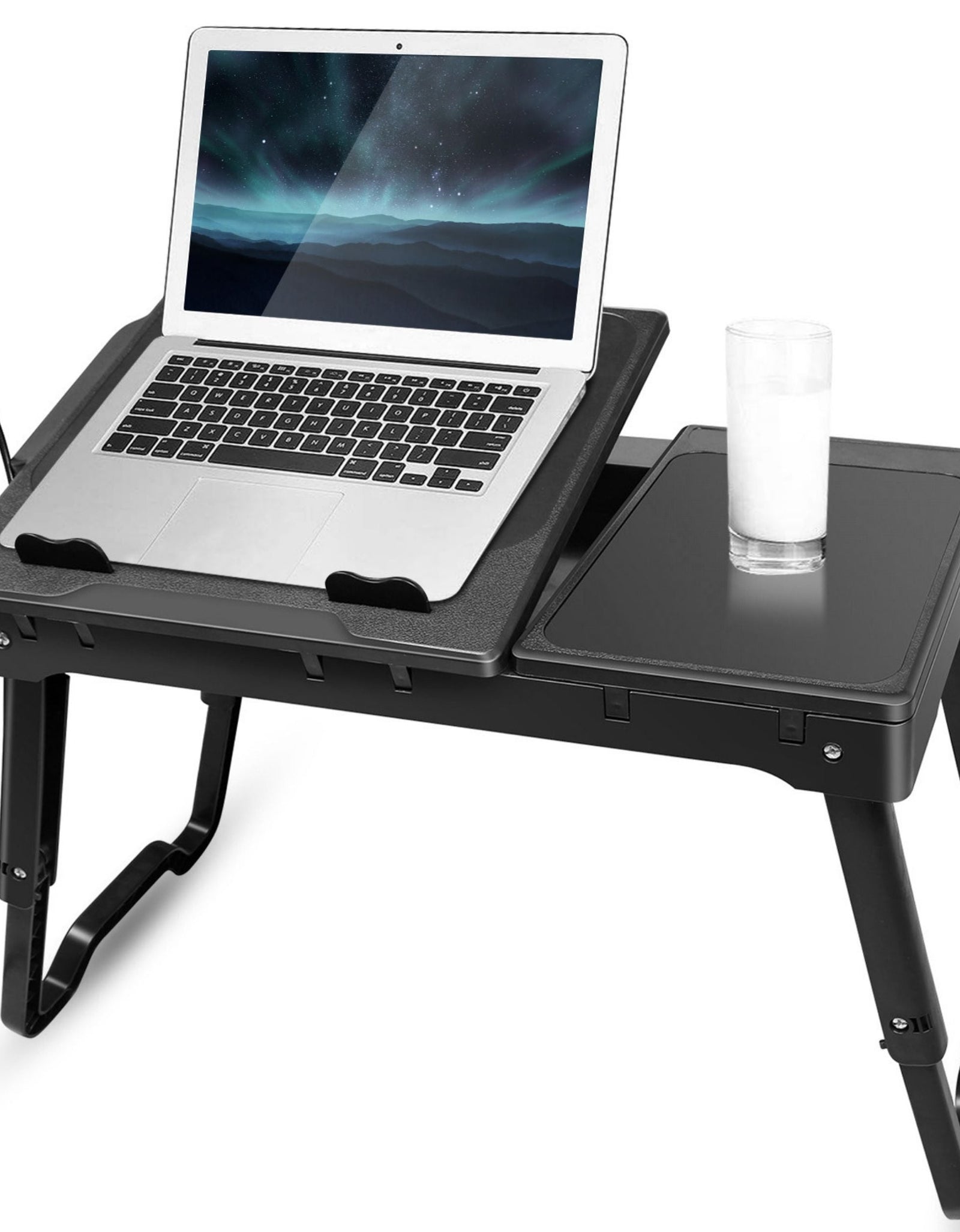 Foldable Laptop Table Bed Desk w/Cooling Fan Mouse Board LED 4 USB Ports Snacking Tray with Storage for Home Office