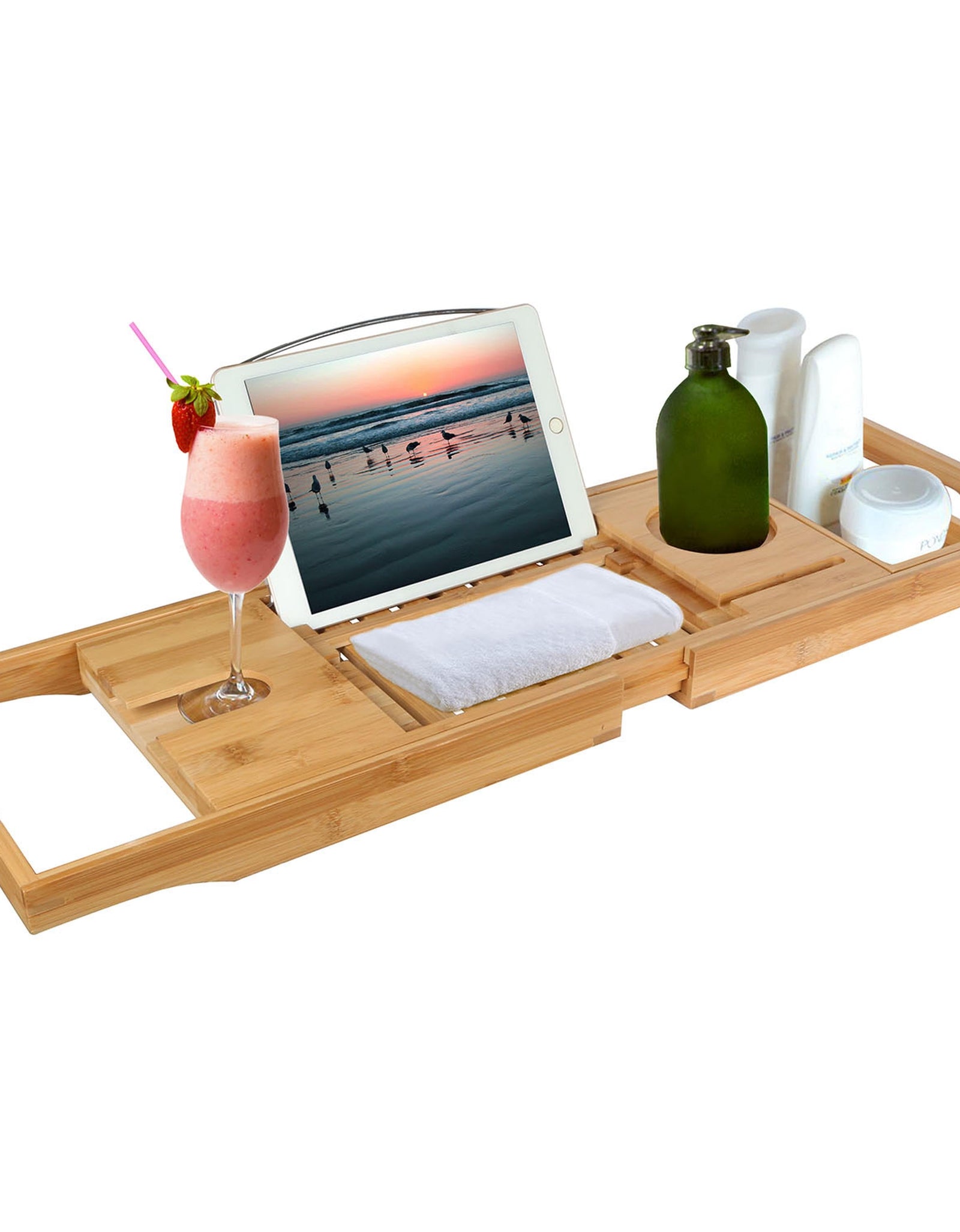 Bathtub Caddy Tray Crafted Bamboo Bath Tray Table Extendable Reading Rack Tablet Phone Holder Wine Glass Holder Shelf Desk Bathroom Spa