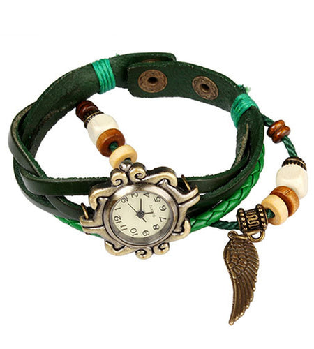 New! Beautiful Bohemian Style Retro Handmade Leather Angel Wing Women\'s Watches-green