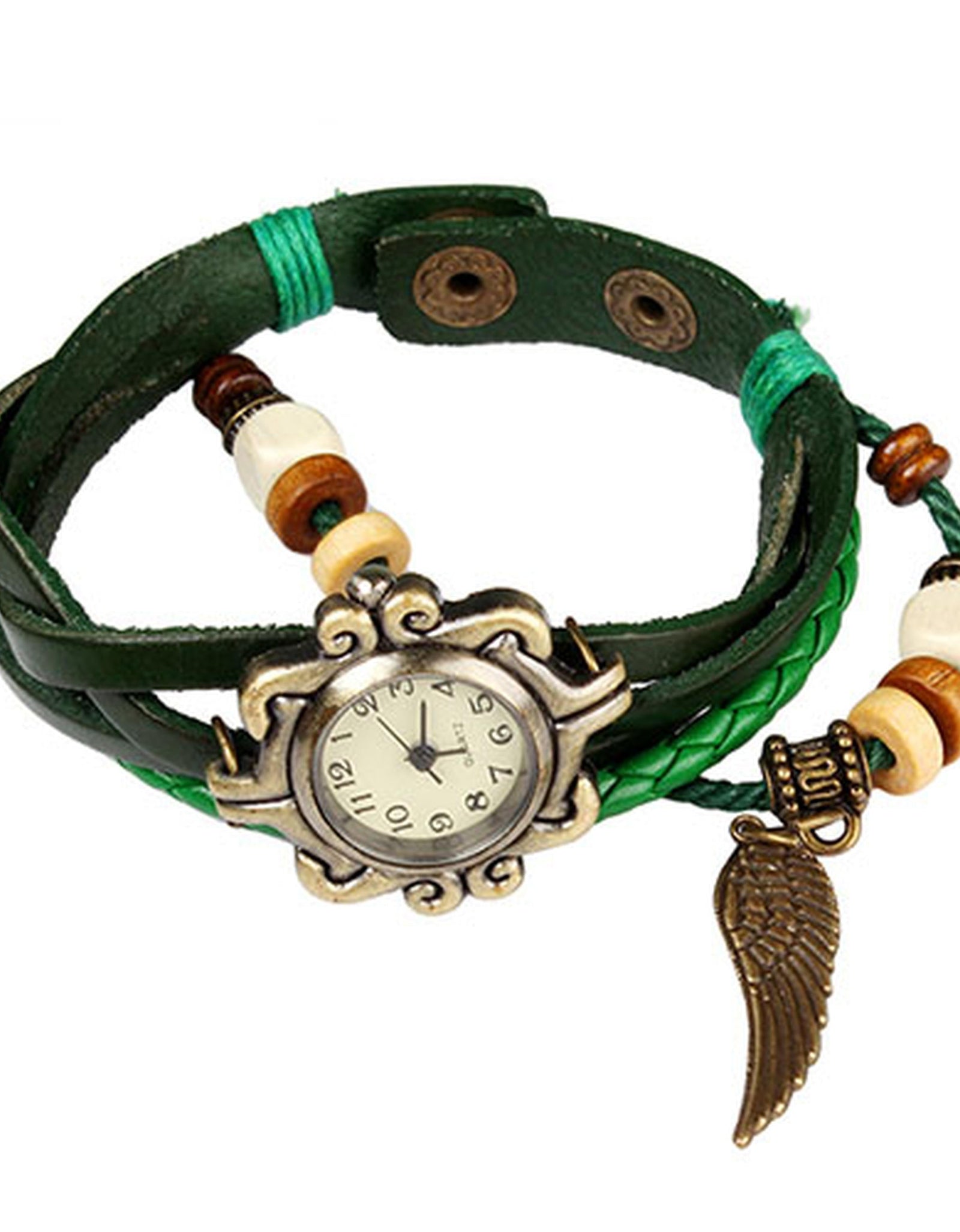 New! Beautiful Bohemian Style Retro Handmade Leather Angel Wing Women\'s Watches-green