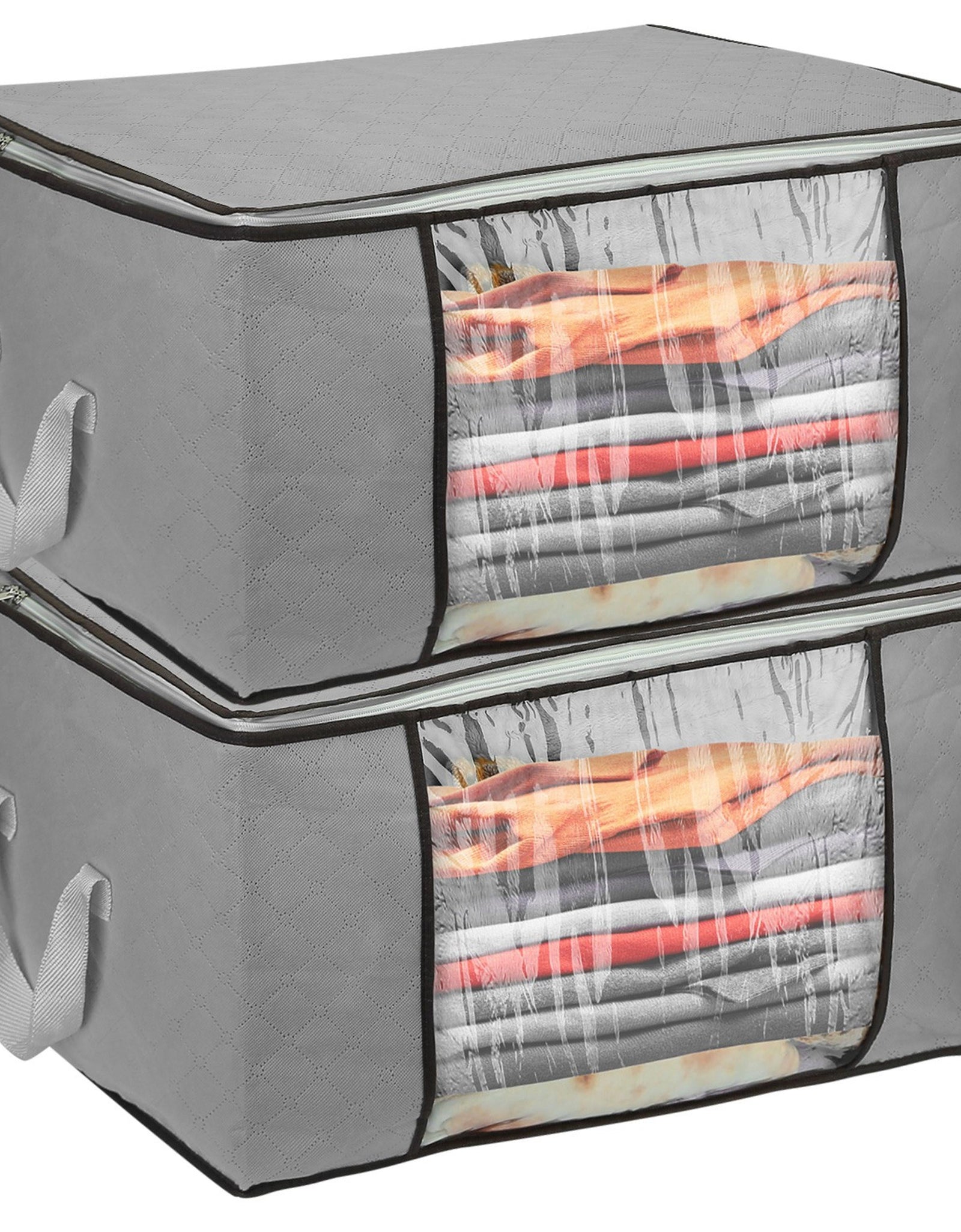 2Pcs Clothes Storage Bag 90L Large Capacity Foldable Closet Organizer w/ Thick Fabric Clear Window Dual-Zipper for Clothes Comforters Blankets Bedding