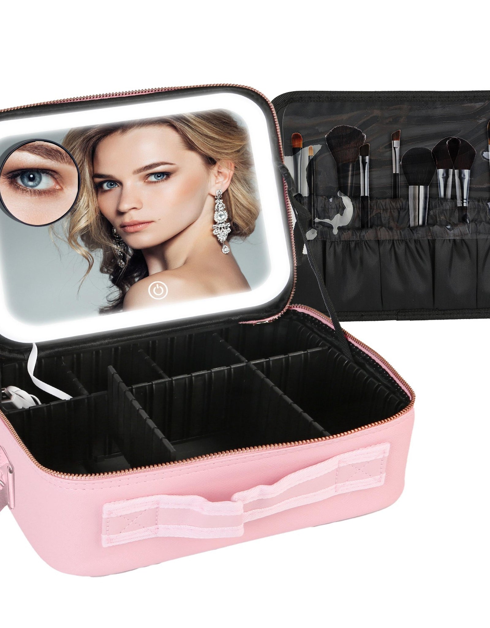 Travel Makeup Bag with LED Mirror, 3 Light Colors, Adjustable Dividers, Magnifying