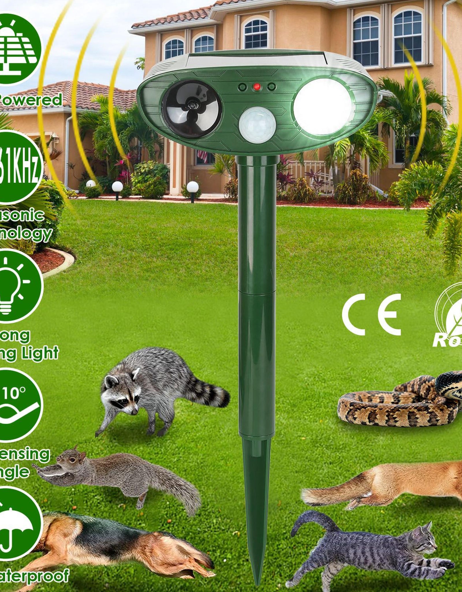 Solar Ultrasonic Animal Repeller w/ PIR Sensor & Flashing Light � IPX4
