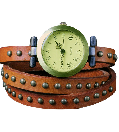 Fashionable Rivet Leather Belt Retro Watch Hand Chain-orangered