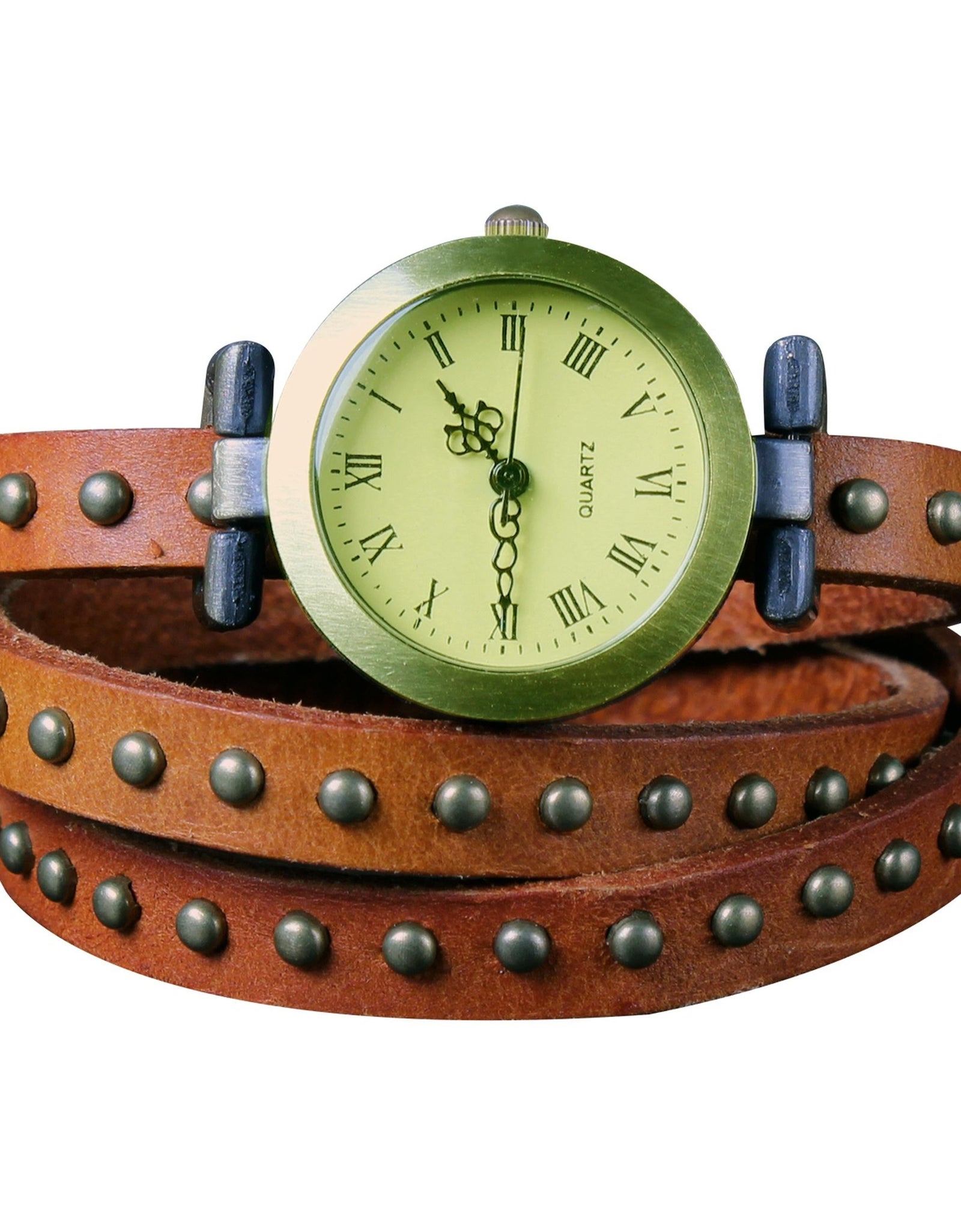 Fashionable Rivet Leather Belt Retro Watch Hand Chain-orangered