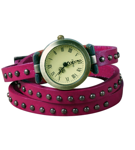 Fashionable Rivet Leather Belt Retro Watch Hand Chain-pink