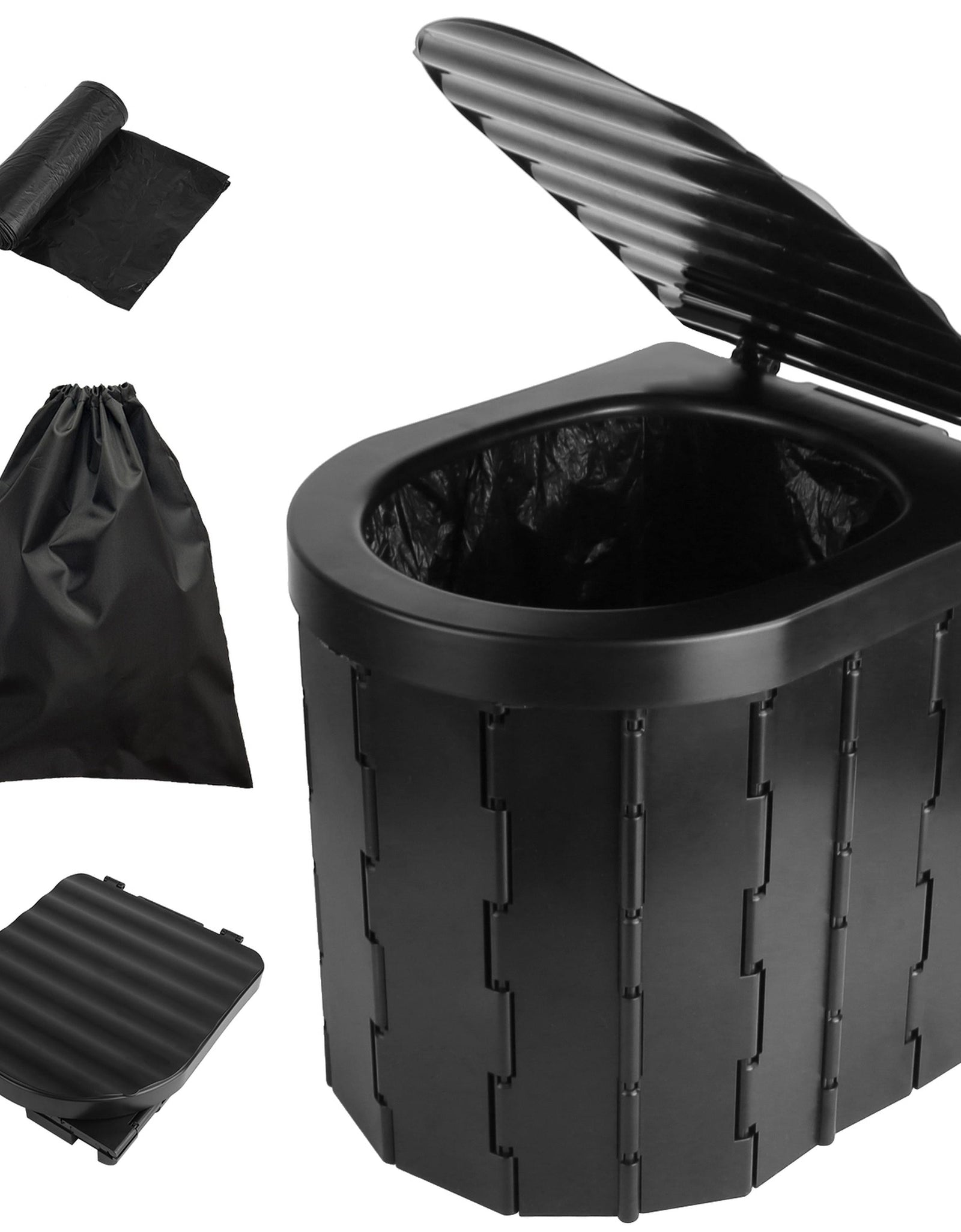 Foldable Emergency Toilet Portable Porta Potty for Car Travel Camping Boating Hiking Cleanable Travel Commode with Lid Carry Bag 1 Roll Garbage Bags