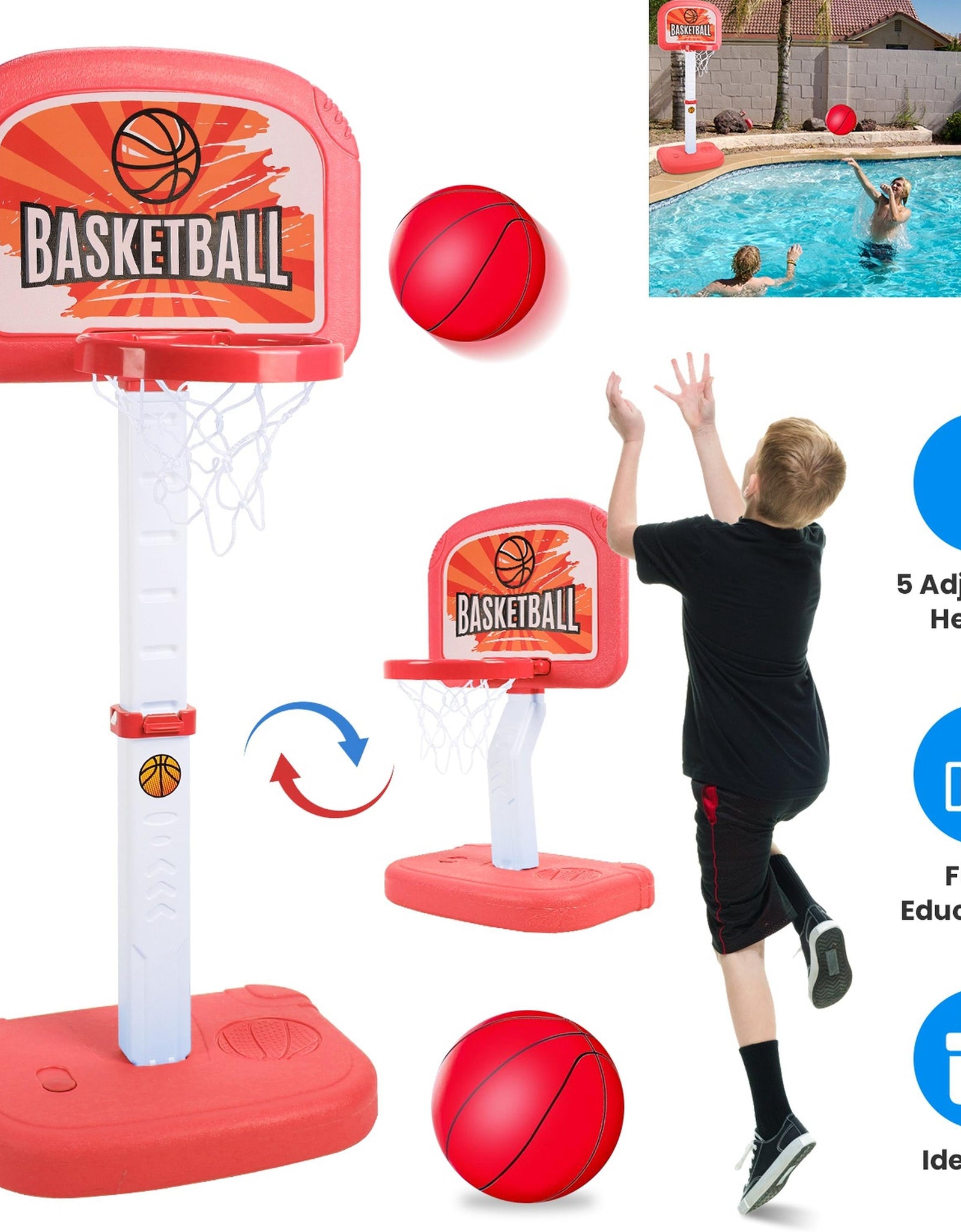 2 In 1 Poolside Basketball Game Set Pool Basketball Goal Indoor Outdoor Kids Basketball Court Water Basketball Toy with 2 Balls Gift for Boys Girls Ag
