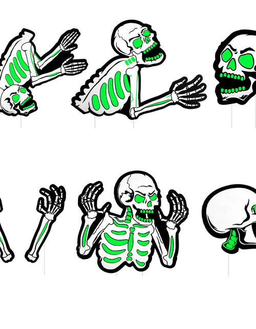 Load image into Gallery viewer, Halloween Skeleton Yard Sign, 6Pcs Glow-in-the-Dark Skull Signs with Stakes for Lawn/Yard
