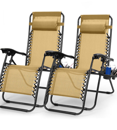 2Packs Zero Gravity Lounge Chair w/ Dual Side Tray 330lbs Load Foldable Recliner Chair w/ Stress Relief Pillow Patio Poolside Beach Lying Chair