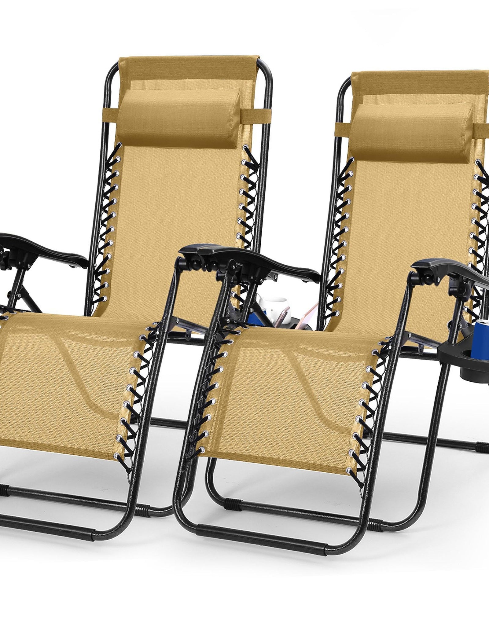 2Packs Zero Gravity Lounge Chair w/ Dual Side Tray 330lbs Load Foldable Recliner Chair w/ Stress Relief Pillow Patio Poolside Beach Lying Chair