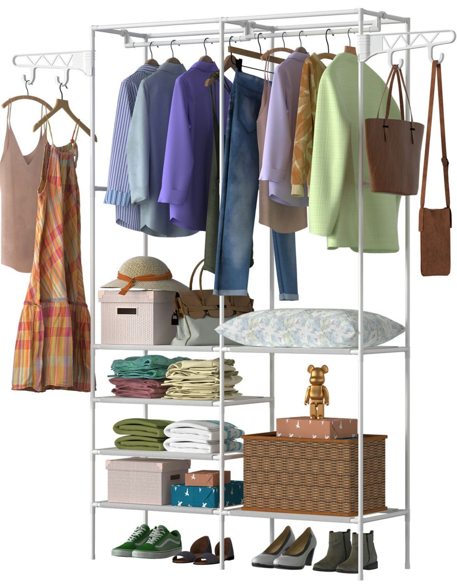 Metal Garment Rack Shoe Clothing Organizer Shelves Freestanding Multifunctional Clothes Wardrobe