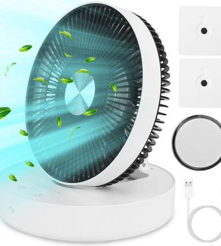 Foldable Rechargeable LED Desk Fan - Wall Mounted, Magnetic Remote, 4 Speeds, 2 Brightness, Time Setting