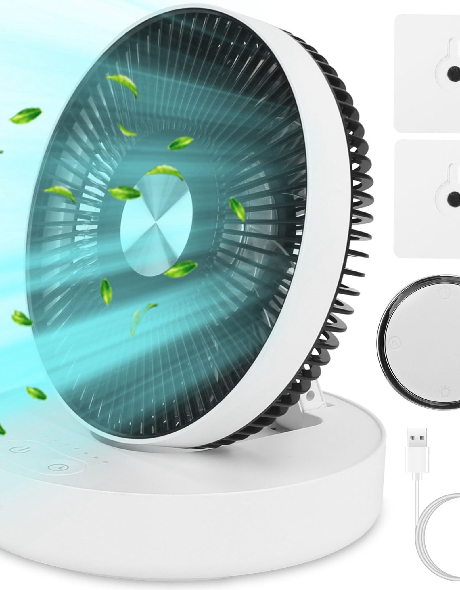 Foldable Rechargeable LED Desk Fan - Wall Mounted, Magnetic Remote, 4 Speeds, 2 Brightness, Time Setting