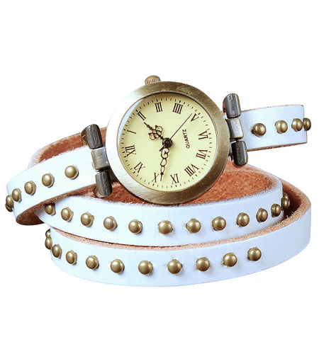 Fashionable Rivet Leather Belt Retro Watch Hand Chain-white
