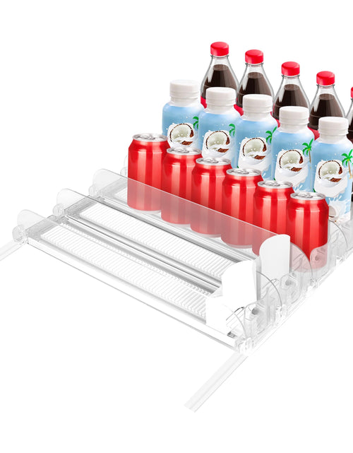 Load image into Gallery viewer, Drink Organizer for Fridge Spring Loaded Beverage Dispenser Width Adjustable Drink Holder with Automatic Pusher Glide 5 Rows Hold up to 25 Cans Bottle
