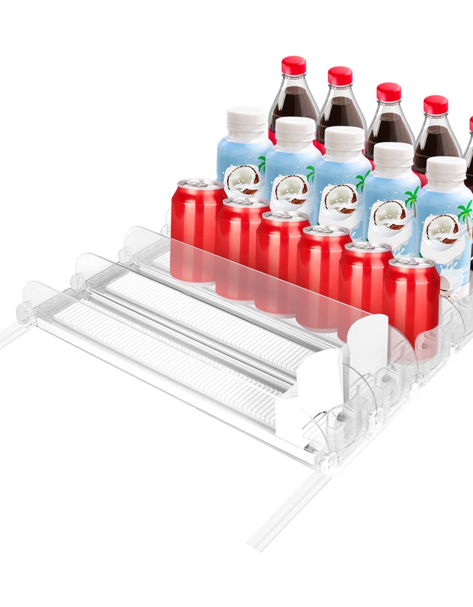 Drink Organizer for Fridge Spring Loaded Beverage Dispenser Width Adjustable Drink Holder with Automatic Pusher Glide 5 Rows Hold up to 25 Cans Bottle