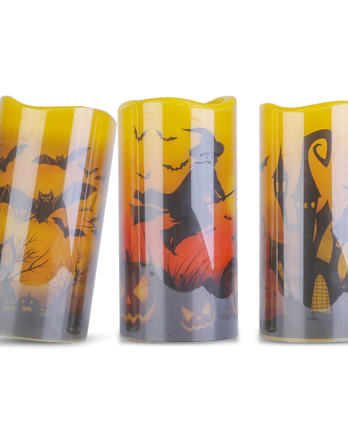 Load image into Gallery viewer, 3 Pack Halloween Flameless Candle Lamp with Timer Setting Battery Operated Warm Orange Light Candles for Halloween Party Decoration Witch Bat Castle
