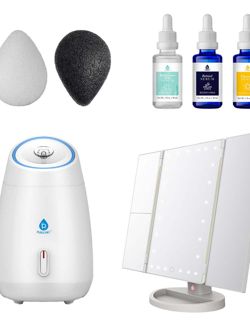 Load image into Gallery viewer, Ultimate Radiance Skincare &amp; Beauty Bundle: Tri-Fold Vanity Mirror, Pursonic Facial Steamer, Anti-Aging Serum Set &amp; Konjac Sponge Duo by Pursonic
