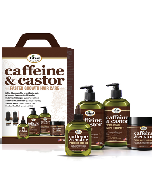 Load image into Gallery viewer, Difeel 4-PC Caffeine &amp; Castor Shampoo &amp; Conditioner Hair Care Gift Set - Includes 12 oz. Shampoo, Conditioner, Hair Mask &amp; 7.1 oz. Hair Oil by difeel - find your natural beauty
