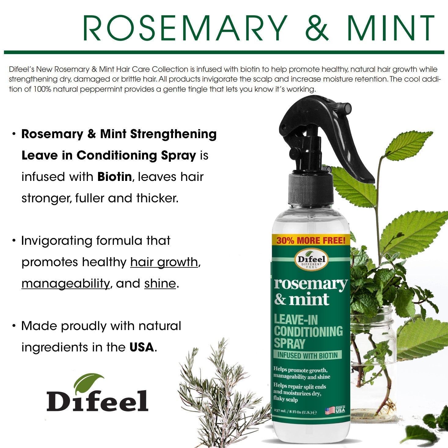 Difeel Rosemary and Mint Biotin Strengthening Leave-In Conditioning Spray Bonus 8oz. by difeel - find your natural beauty