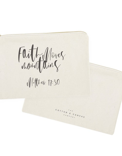 Load image into Gallery viewer, Faith Moves Mountains, Matthew 17:30 Cotton Canvas Cosmetic Bag by The Cotton &amp; Canvas Co.
