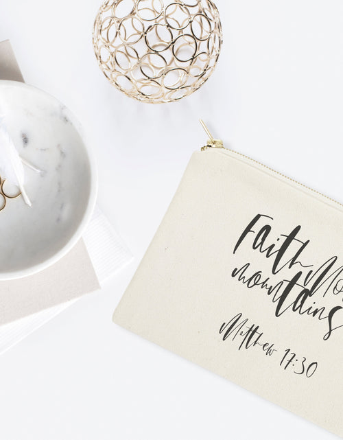 Load image into Gallery viewer, Faith Moves Mountains, Matthew 17:30 Cotton Canvas Cosmetic Bag by The Cotton &amp; Canvas Co.
