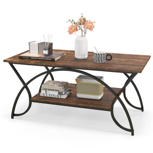 Load image into Gallery viewer, 2-Tier Faux Marble Coffee Table with Marble Top and Metal Frame-Rustic Brown
