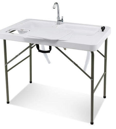 Fish Cleaning Table with 2 Sinks and 360° Rotatable Fauce-White