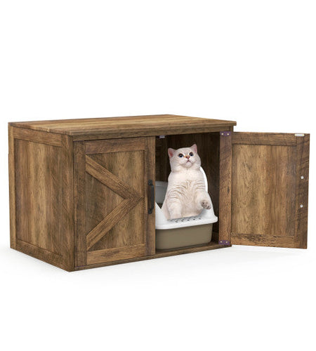 Flip Top Hidden Cat Washroom Furniture with Double Barn Doors  Removable Divider and Middle Entry