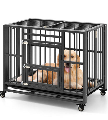 Foldable Heavy-Duty Metal Dog Cage Chew-proof Dog Crate with Lockable Universal Wheels