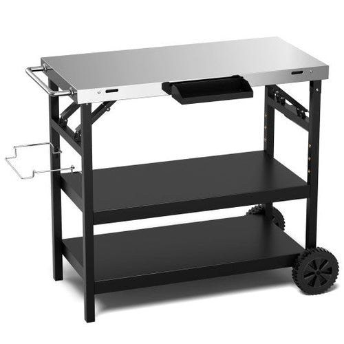 Load image into Gallery viewer, 3 Tiers Foldable Outdoor Cart on 2 Wheels with Phone Holder-Black
